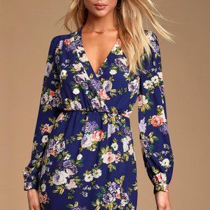 Lulu's Honey PunchThat's a Wrap Navy Blue Floral Print Dress (S)